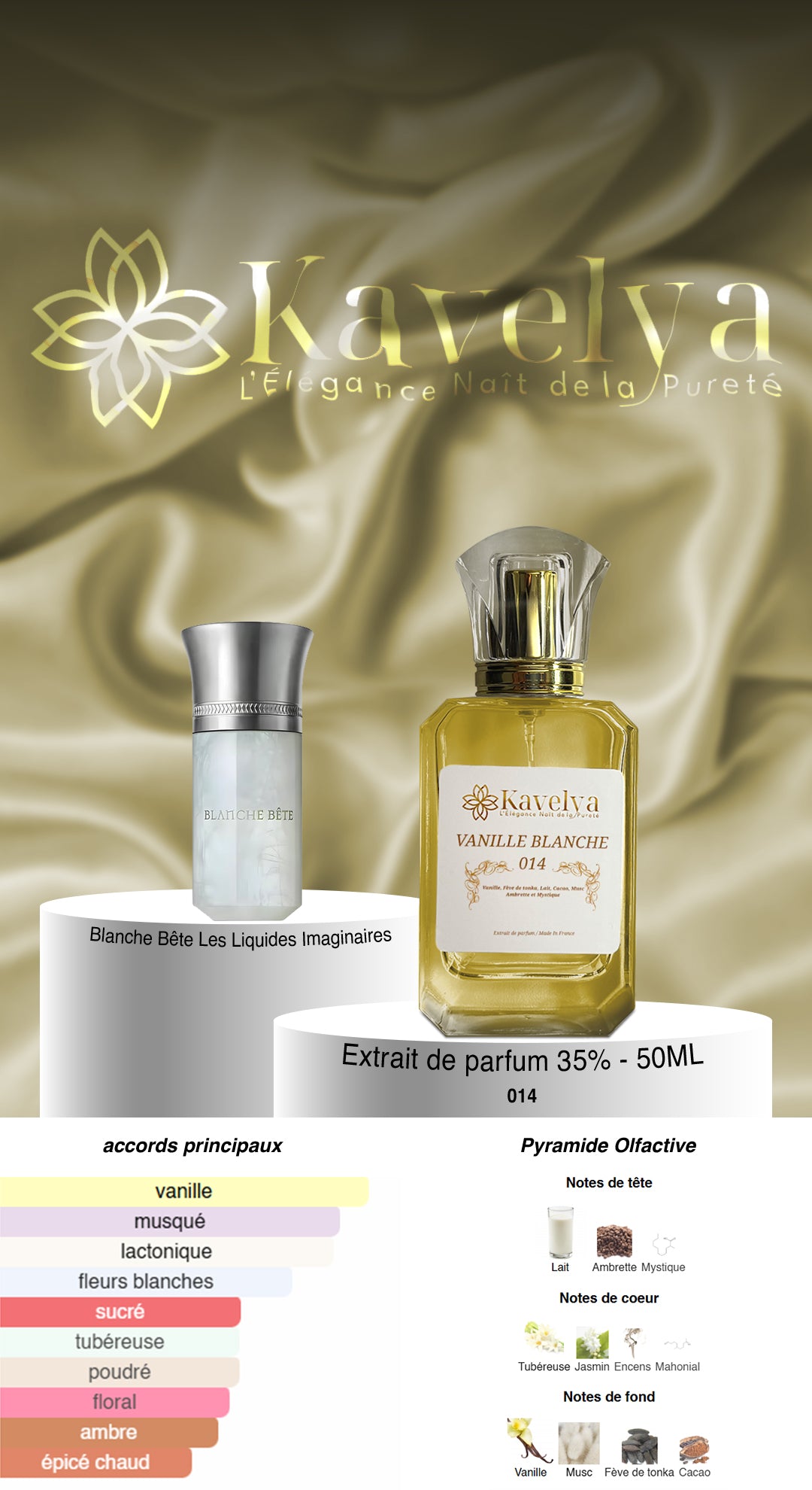 Parfum mixte lacté sensuel Vanille Blanche 014 sillage élégant KAVELYA