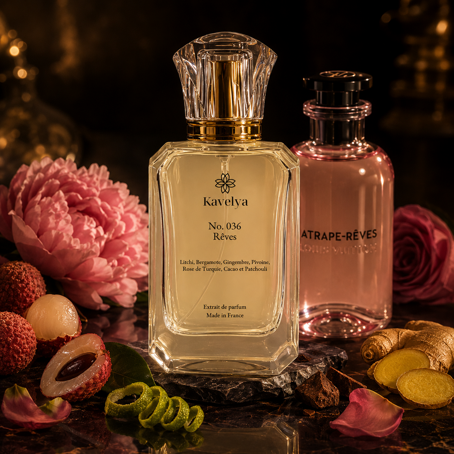 Flacon Rêves 036 extrait de parfum 35% litchi bergamote gingembre notes fruitées florales Made in France