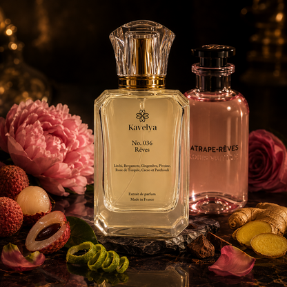 Flacon Rêves 036 extrait de parfum 35% litchi bergamote gingembre notes fruitées florales Made in France