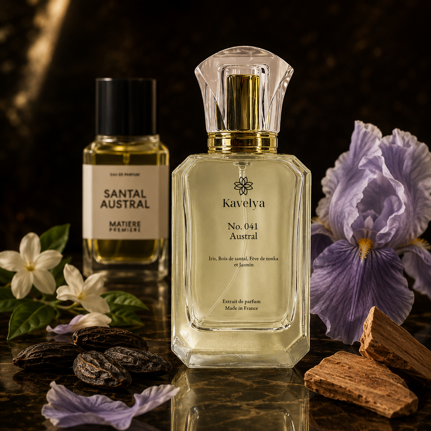 Flacon Austral 041 extrait de parfum 35% iris bois de santal fève de tonka notes boisées Made in France