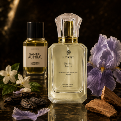 Flacon Austral 041 extrait de parfum 35% iris bois de santal fève de tonka notes boisées Made in France