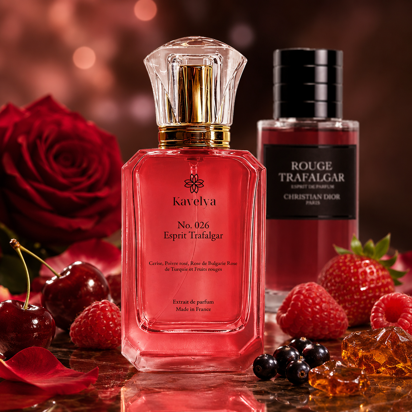 Flacon Esprit Trafalgar 026 extrait de parfum 35% poivre rose rose de Bulgarie fruits rouges Made in France