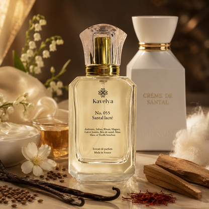 Flacon Santal Lacté 055 extrait de parfum 35% bois de santal lait jasmin musc blanc vanille bourbon Made in France