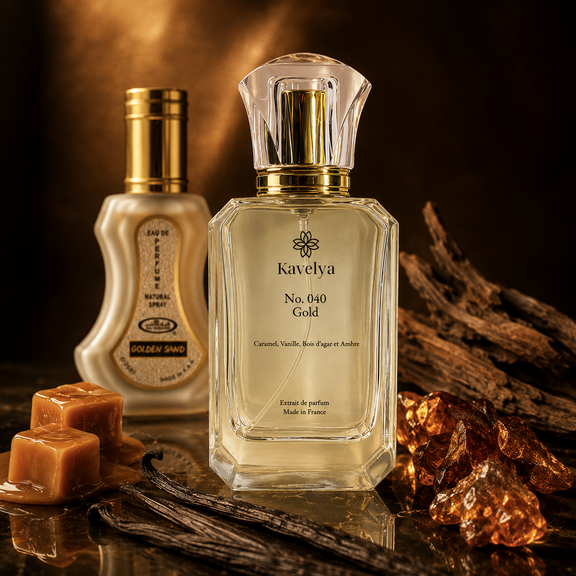 Flacon Gold 040 extrait de parfum 35% jasmin vanille notes sucrées accords ambrés Made in France