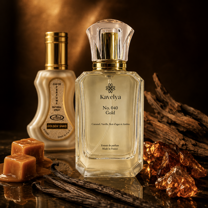 Flacon Gold 040 extrait de parfum 35% jasmin vanille notes sucrées accords ambrés Made in France