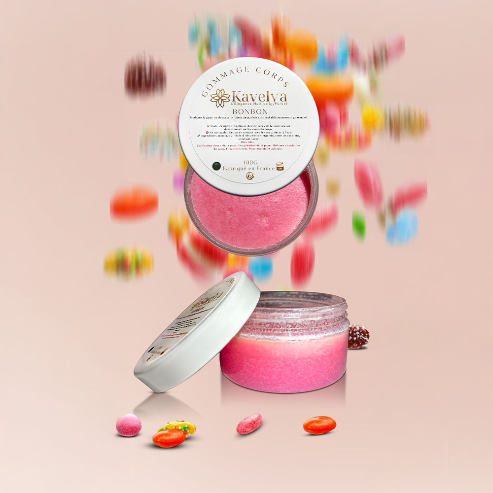 Gommage corps KAVELYA Bonbon 100 % naturel avec sucre exfoliant, huile d’olive et huile de coco, pour une peau douce et nourrie