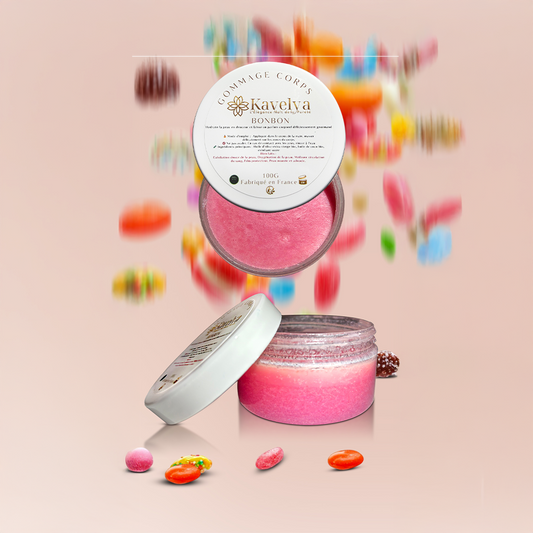 Gommage corps KAVELYA Bonbon 100 % naturel avec sucre exfoliant, huile d’olive et huile de coco, pour une peau douce et nourrie