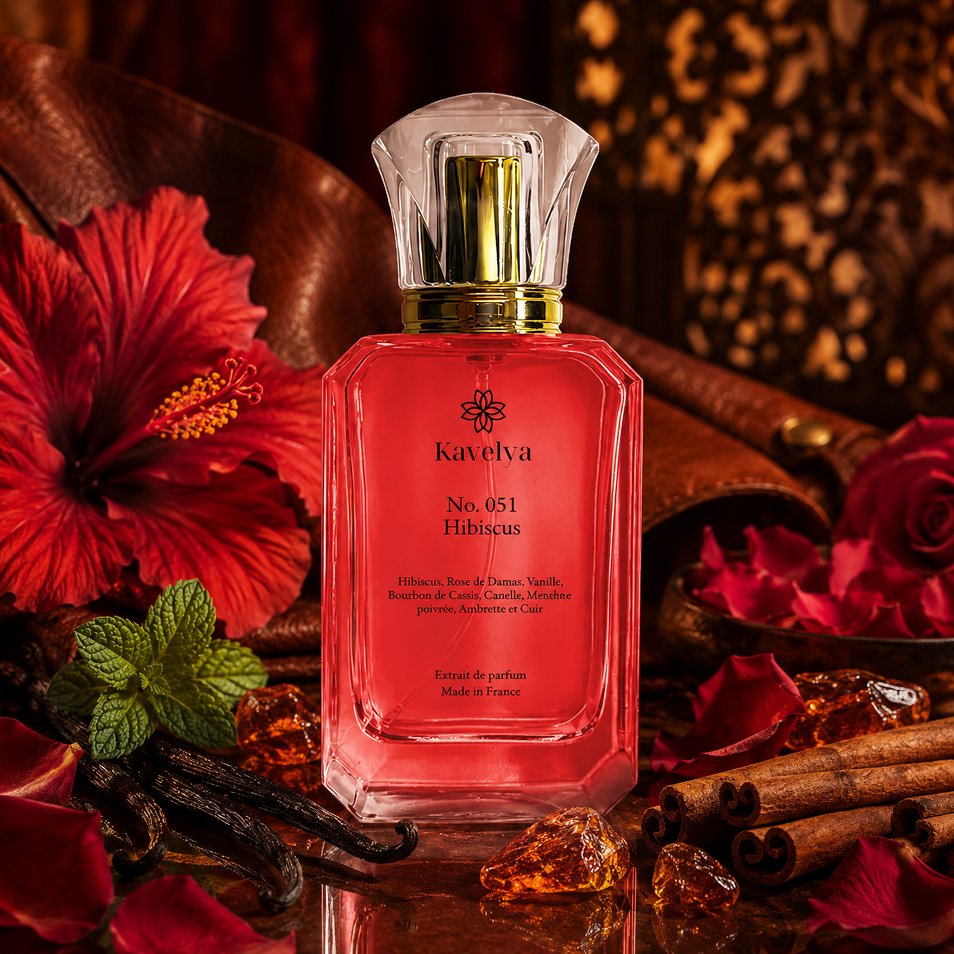 Packaging Hibiscus 051 parfum de luxe Made in France fragrance florale rosée vanillée captivante