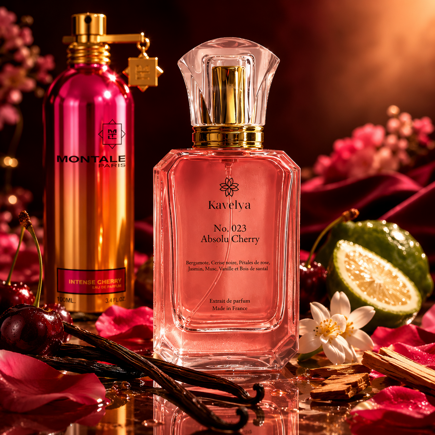 Flacon Absolu Cherry 023 extrait de parfum 35% cerise noire pétales de rose musc Made in France