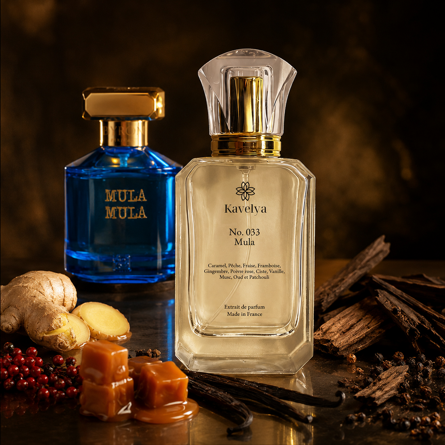Flacon Mula 033 extrait de parfum 35% caramel pêche framboise notes gourmandes Made in France