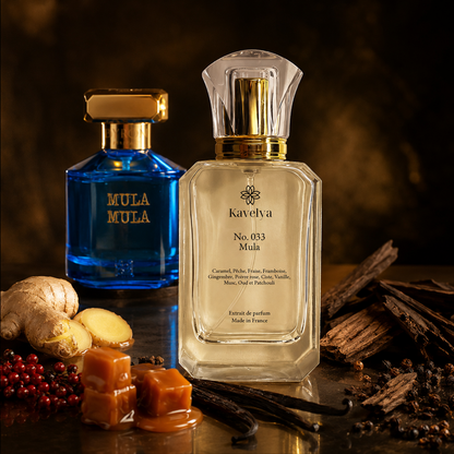 Flacon Mula 033 extrait de parfum 35% caramel pêche framboise notes gourmandes Made in France