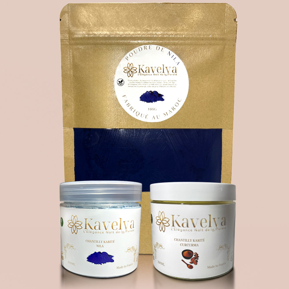 Pack Beauté Nila et Curcuma 100% naturel avec chantilly de Nila, chantilly curcuma et poudre de Nila Maroc 100g