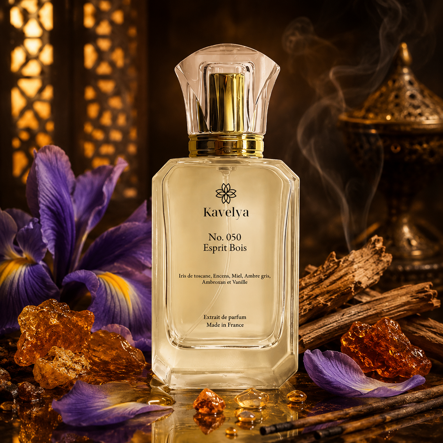 Packaging Esprit Bois 050 parfum de luxe Made in France fragrance ambrée irisée vanillée élégante