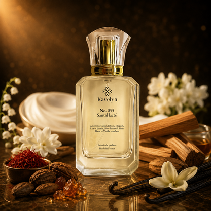 Packaging Santal Lacté 055 parfum de luxe Made in France fragrance boisée lactée musquée élégante