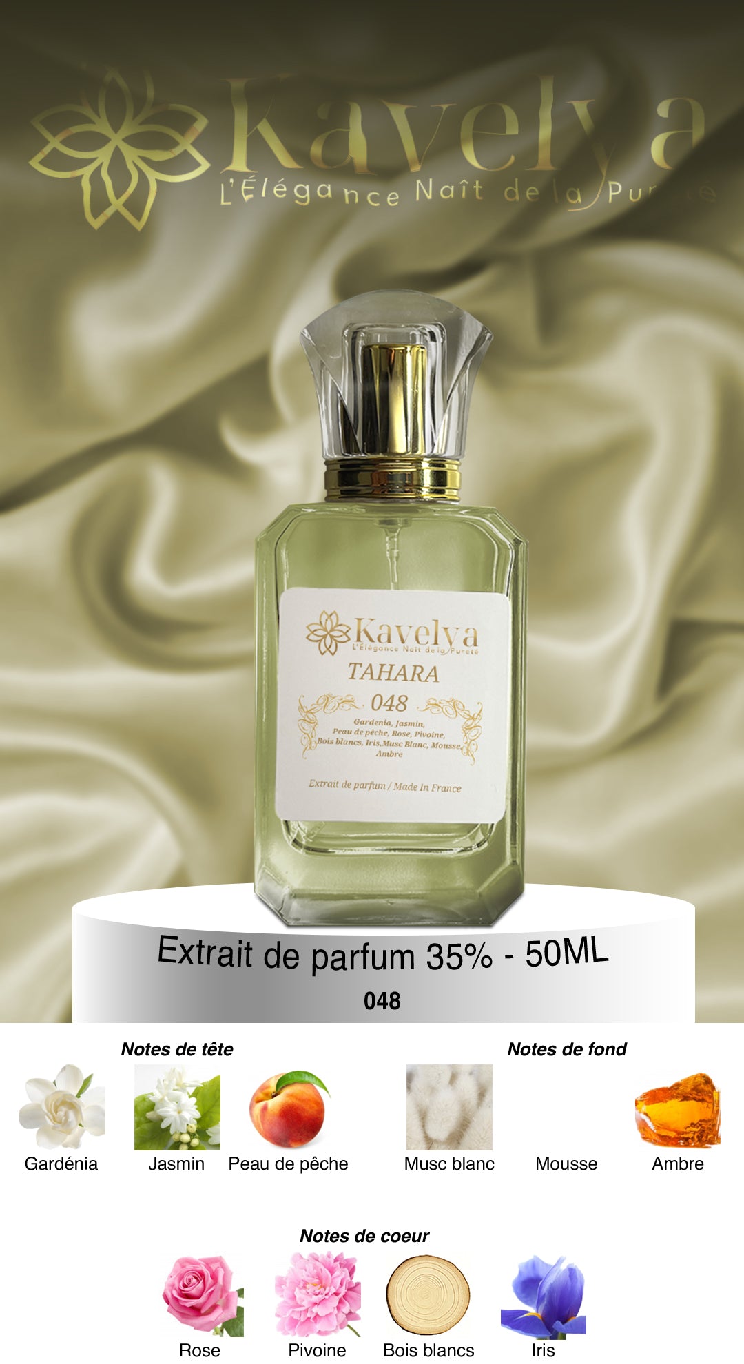 Détail des notes du parfum Tahara 048 : jasmin, peau de pêche, pivoine, rose, musc blanc et bois blanc