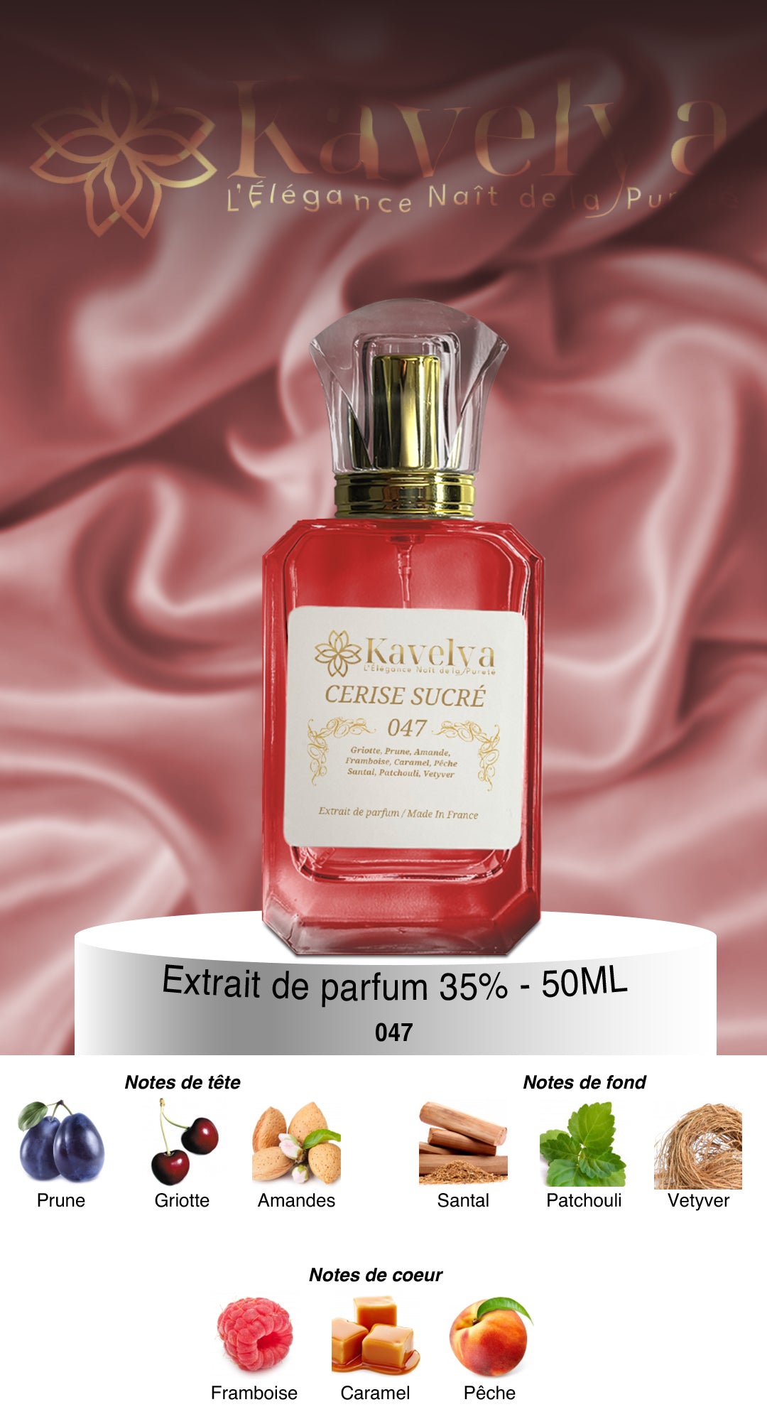 parfum Cerise Sucré 046 : cerise, prune, amande, caramel, framboise, pêche, bois de santal et vétiver