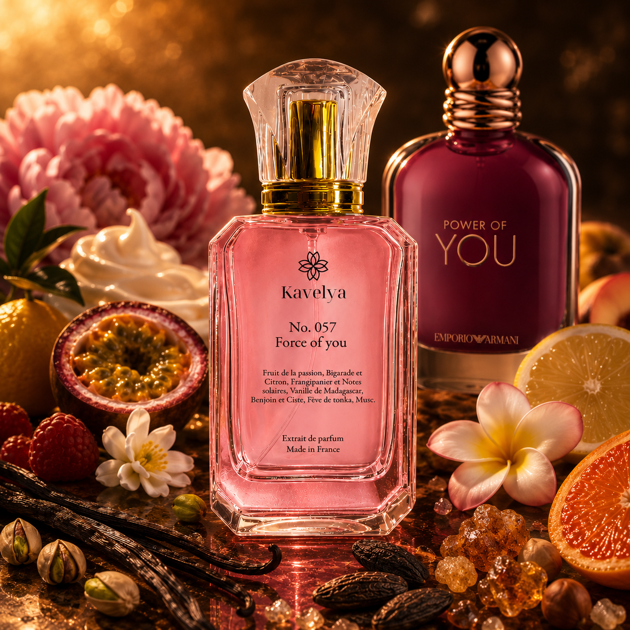 Flacon Force Of You 057 extrait de parfum 35% fruit de la passion frangipanier vanille musc