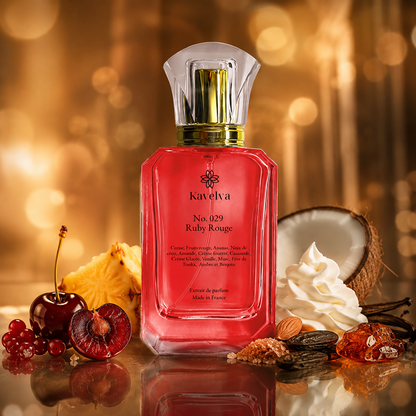 Packaging Ruby Rouge 029 parfum de luxe Made in France fragrance fruitée gourmande élégante