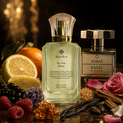 Flacon Almaz 046 extrait de parfum 35% fruits rouges framboise vanille notes gourmandes Made in France